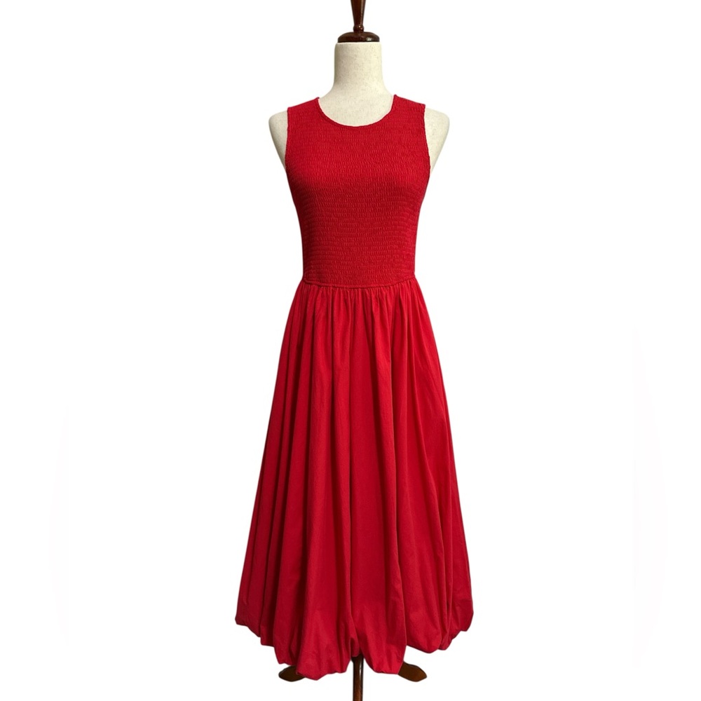 She + Sky Red Smocked Bodice Midi Dress